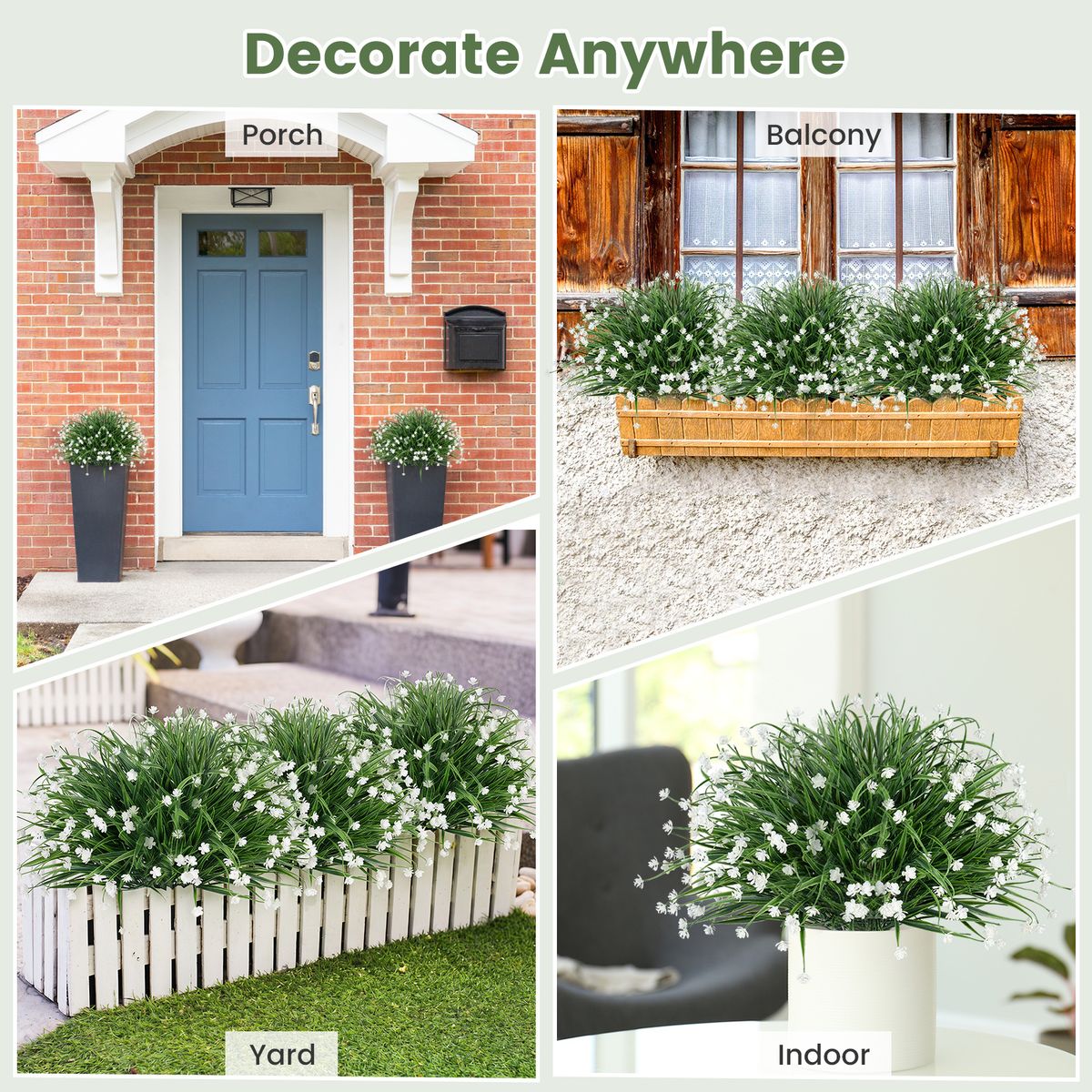 Coast - Lot de 2 arbustes décoratifs - Plantes artificielles réalistes - Avec piquets de fixation - Vert et blanc - 70 cm