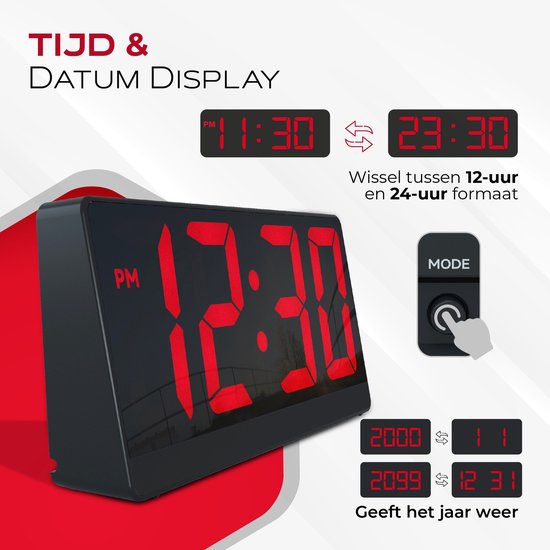 Réveil numérique Caliber - Réveils numériques - Durée de la fonction « snooze » réglable - Réveil - Écran à luminosité réglable - Horloge numérique pour chambre à coucher - Chargeur USB