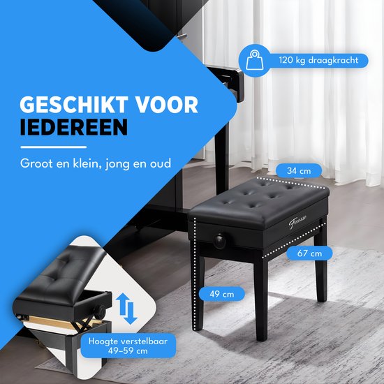 Finesse Premium Piano Bench - Hauteur réglable - avec rangement - Coussin souple - Tabouret de piano - Chaise de piano - Noir