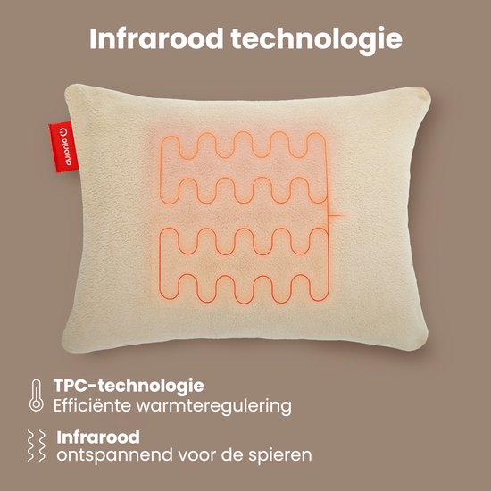 Auronic Heat Pillow - Sherpa Fleece - 45x60 - Sans fil - Rechargeable - Oreiller électrique - Infrarouge - Beige