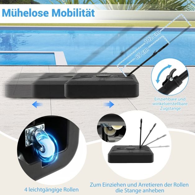 Pied de parasol Coast 84 × 84 × 20 cm – Support de parasol mobile et remplissable pouvant supporter jusqu’à 150 kg, avec 4 roues et une tige de traction télescopique – Noir