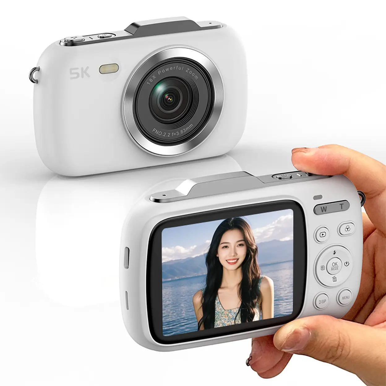 Caméra numérique de vlog Komery G7 - Blanche - Vidéo 5K - Photo 80 MP - Zoom 18x - Appareil photo compact « viser et photographier »