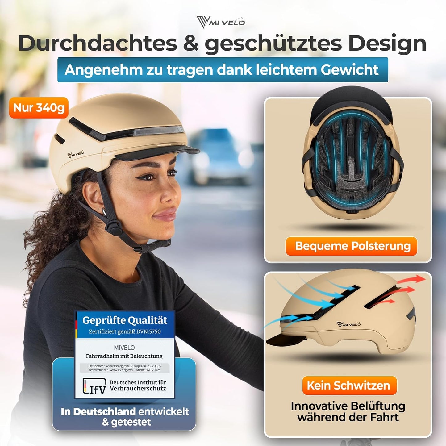 Mivelo Casque de vélo unisexe NOVA - Avec lumière - Certifié NTA jusqu'à 45km/h - Beige - Taille M (54-58 cm)