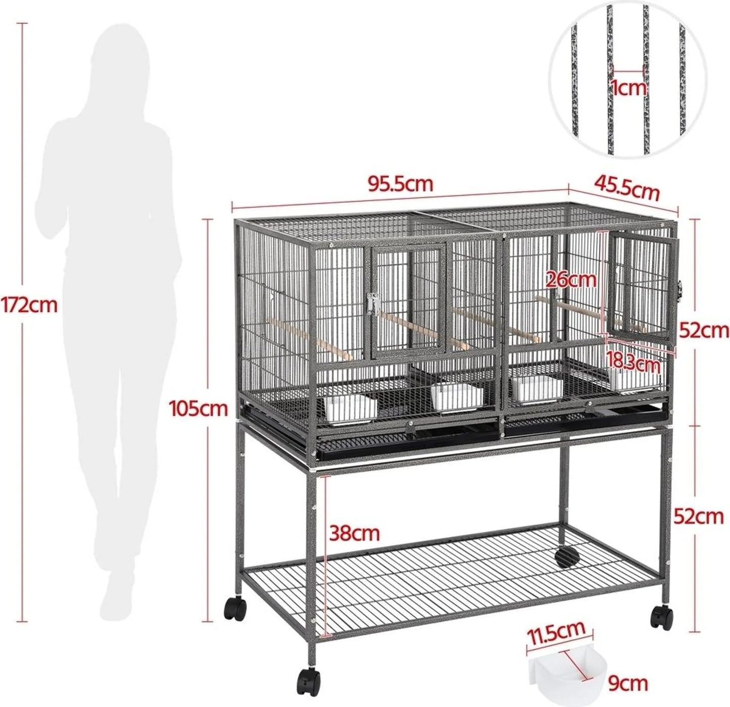 Yaheetech Cage à oiseaux avec cloison - Avec support amovible et quatre perchoirs et rangement - Pour canaris et perruches - Métal laqué noir et bois - 95,5 x 45,5 x 105 cm