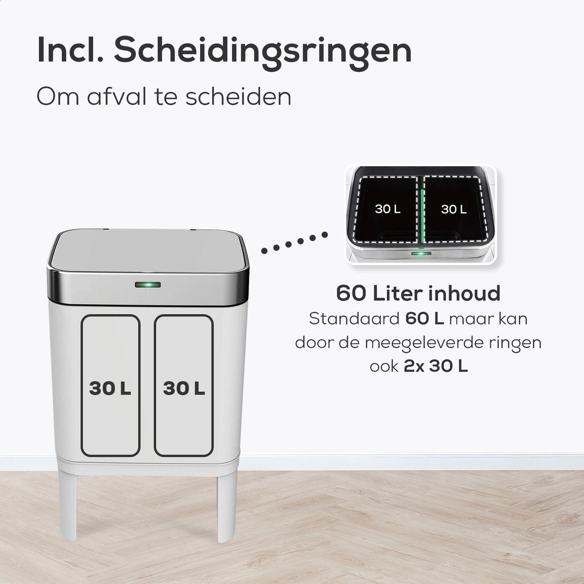 Loftey Sensor Waste Bin 60 Liter - Touch Free Waste Bin - Garbage Bin - Waste Separation 2x30L - Kitchen - White/RVS
