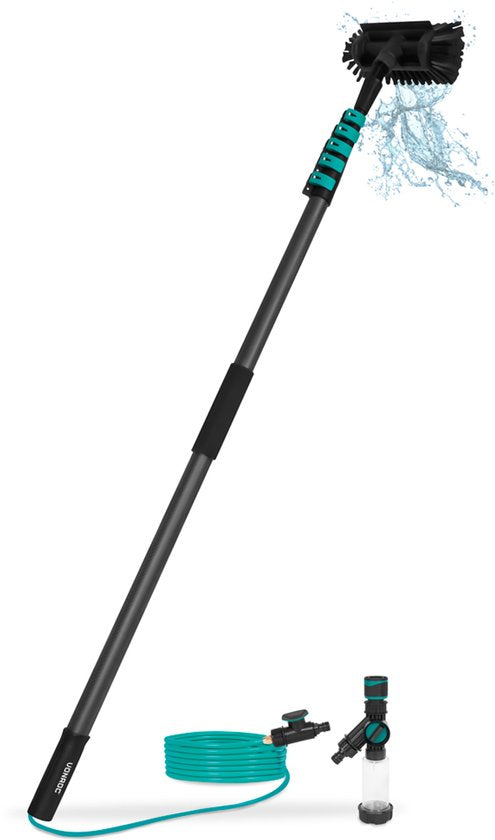 VONROC 3K Full Carbon Telescopic Wash Brush - 7.5 metres - Incluant une tête de brosse à 5 niveaux, un tuyau d'arrosage de 11m et un distributeur de savon.