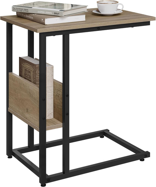 Table d'appoint Woltu en forme de C avec étagère de rangement - Aspect bois gris - Métal - 55 x 36 x 59,5 cm