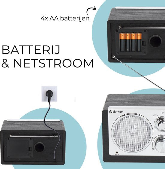 Denver Radio FM portable - Rétro - Alimentation par piles ou secteur - Radio de cuisine - AM - FM - TR63 - Noir