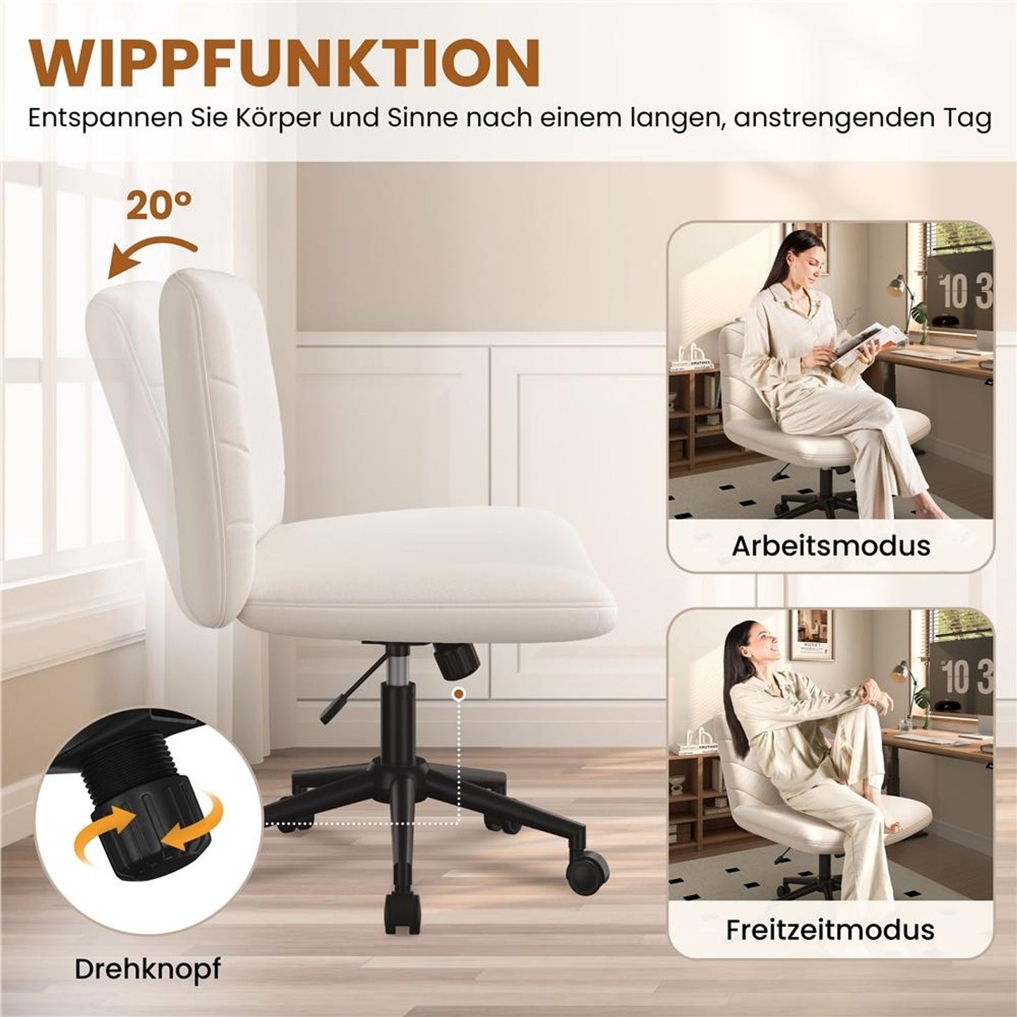 Chaise de bureau Yaheetech à large assise - Chaise pivotante ergonomique avec dossier - Réglable en hauteur - 66 x 64,5 x 82-91,5 cm - Beige