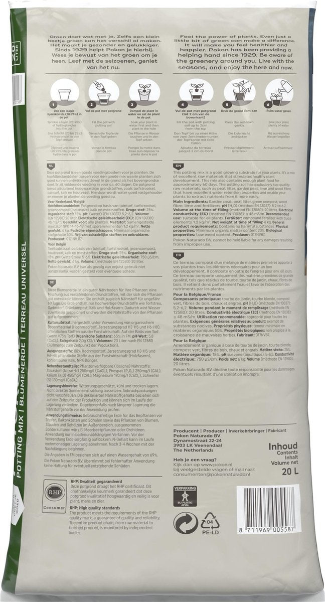 Pokon Terreau universel - 20l - Pour l'intérieur et l'extérieur - Nutrition 60 jours - Terreau universel