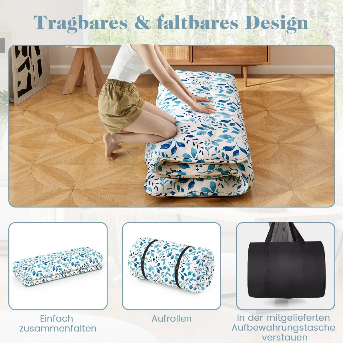 Matelas futon japonais Coast Tatami – Livré avec une housse extérieure lavable en machine, un sac de transport pratique et des sangles de roulement résistantes – Idéal pour les invités et le camping – Microfibre bleue et polyester – 10 x 100 x 200 cm