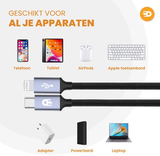 Drivv. Câble de charge USB C pour iPhone et Apple - Câble USB C à 8 broches - Chargement rapide - Câble de charge - Nylon - Gris - 3 mètres