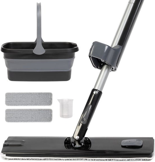CLEANLY Mopping System with Spray and Wringer 136 cm - Floor Wiper - Mop Set with Foldable Bucket - Spray Mop - Width 36 cm - Black, Grey