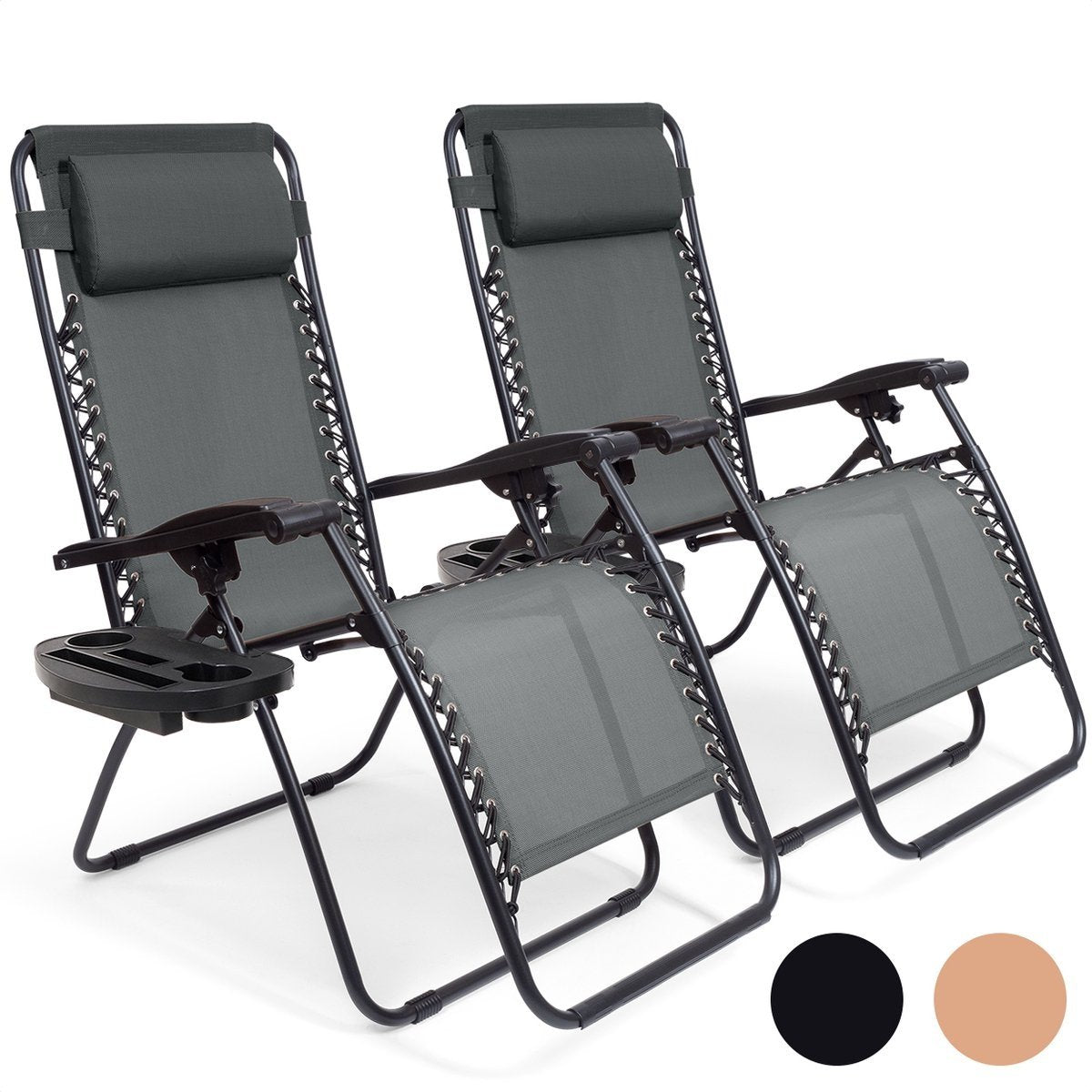 LifeGoods Chaises de jardin pliables - parasol réglable - 2 pièces - 30°-90° réglable - métal - gris foncé