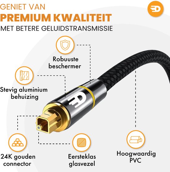 Drivv. Câble optique Toslink Premium en nylon - Câble audio optique - Câble audio optique - Barre de son - Mâle-mâle - 5 mètres - Noir