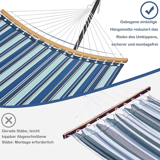 Hamac Yaheetech XXL avec support - Rayures bleues - Hamac réglable pour 2 personnes avec coussin et sac de transport