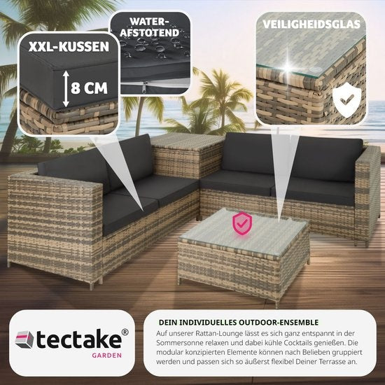 Tectake - Salon en osier Siena (4 personnes) - Modulaire, coffre de rangement, coussins extra épais, résistant aux UV et aux intempéries, structure en acier - Nature/Gris foncé