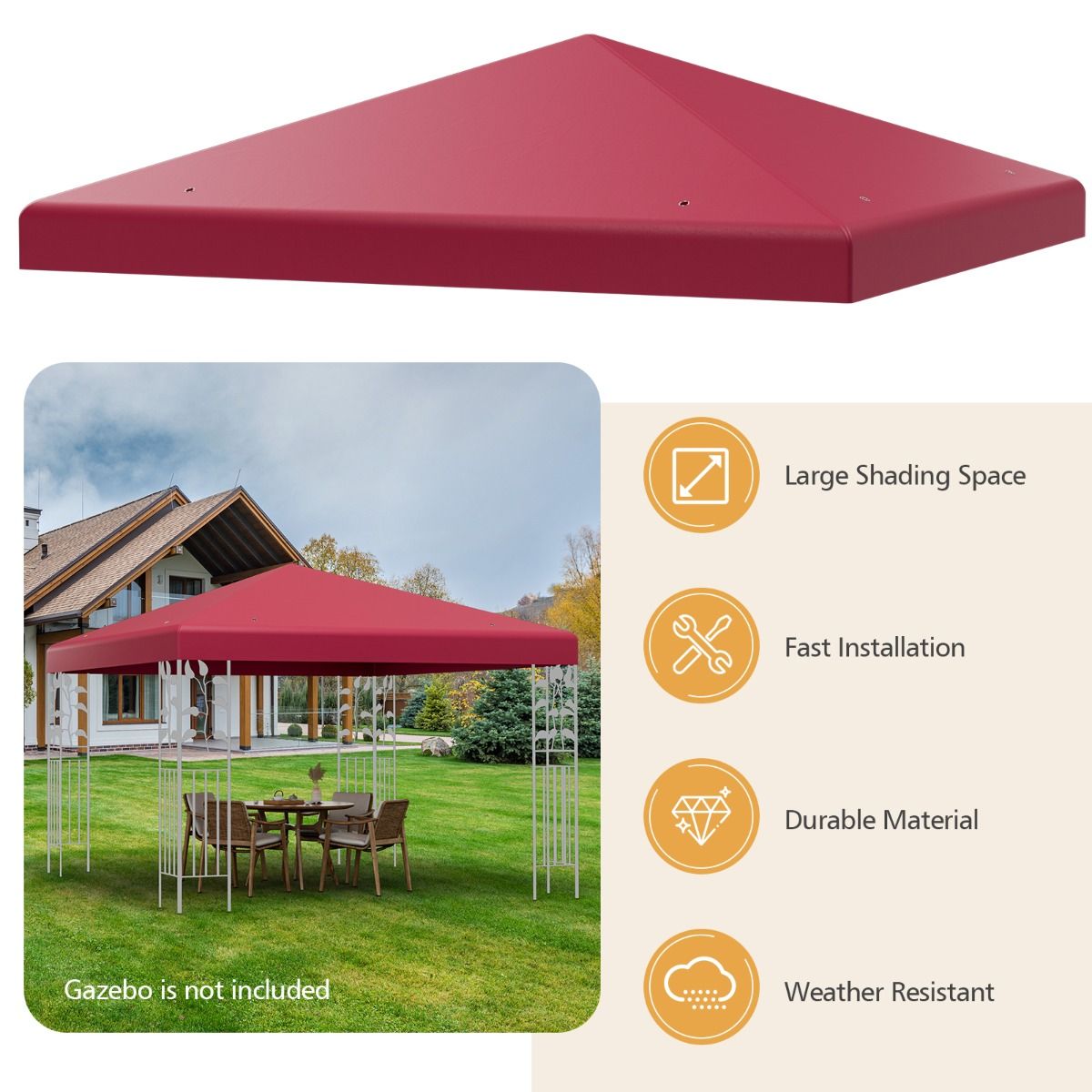Coast Replacement Roof for Pavilion 3 x 3 m Bordeaux - Couverture de toit de pavillon hydrofuge avec attaches Velcro
