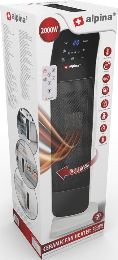 Chauffage électrique - Alpina - Chauffage par ventilateur céramique - également refroidissement - minuterie - télécommande - fonction pivotante - 2000W - Noir Blanc