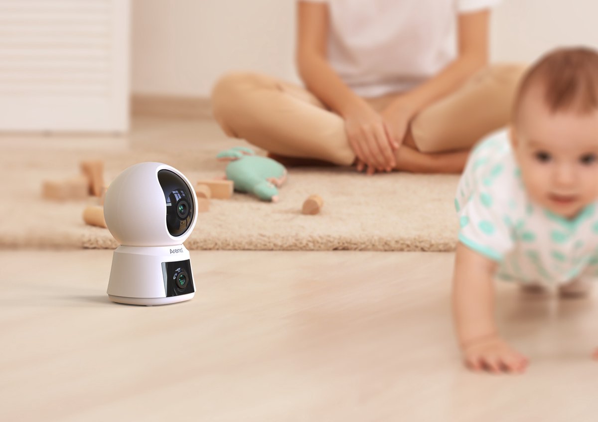 Arenti P3TT Caméra de sécurité Wifi pour intérieur Double objectif - Caméra pour animaux de compagnie - Baby Monitor - 3MP - Déplaçable - Wifi bi-bande - Sans fil - Surveillance Full360°.