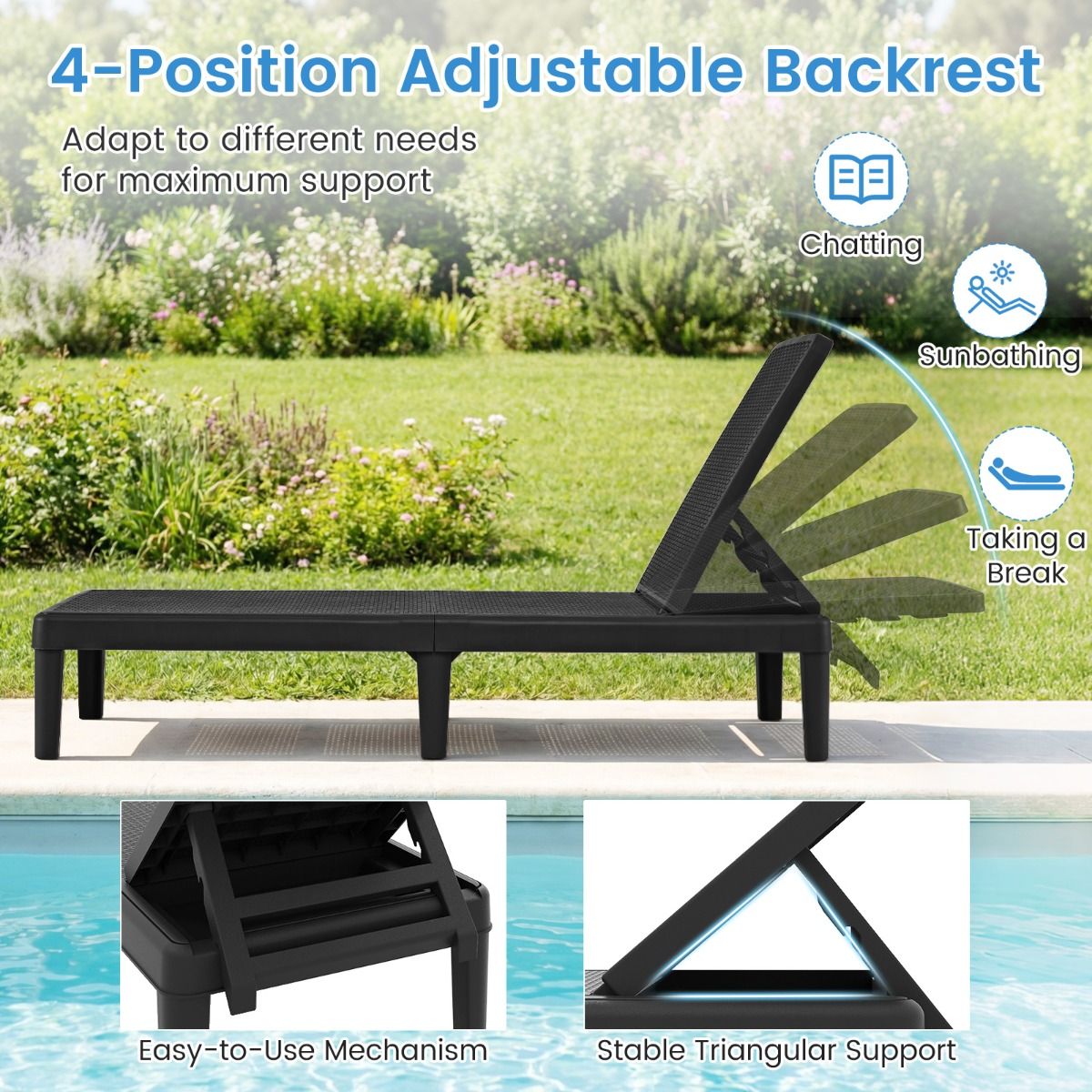Chaise longue de jardin Coast - dossier réglable sur 4 positions - aspect rotin - noir - 1 pièce