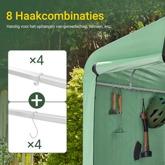 SoBuy KLS11-L-GR Garden House, armoire étanche pour l'extérieur, rangement pour motos avec crochets, garage pour vélos et rangement pour outils, rangement pour vélos, espace de stockage, vert, 159x219x165 cm