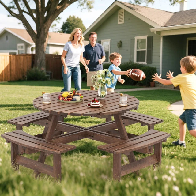 Ensemble de table de pique-nique Coast - 166,5 x 166,5 x 76 cm - 8 personnes - Bois - Trou pour parasol - Marron