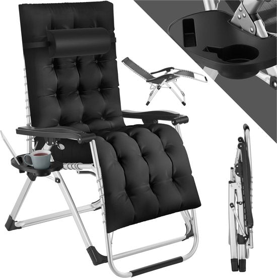 Chaise longue pliante, Tectake®, Chaise longue de jardin, Avec coussin, Chaise longue inclinable, Noir