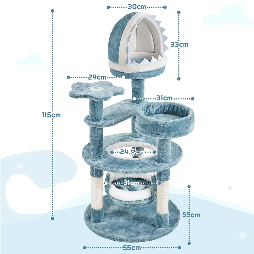 Yaheetech Arbre à chat Ocean Style 115 cm - Bleu/Blanc - Arbre à chat avec maison pour chat, panier de couchage, plateau et poteaux en sisal