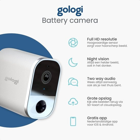 Gologi wireless camera on battery - Caméra de sécurité - Avec vision nocturne - Caméra WiFi - Caméra de sécurité - Rechargeable - Application en néerlandais - Blanc