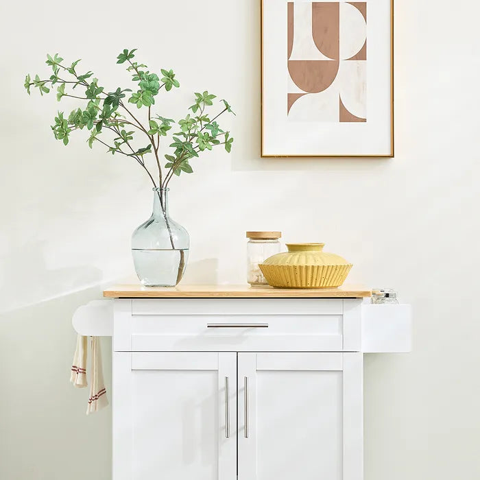 Chariot de cuisine blanc/bambou - 83 x 46 x 91 cm - Avec tiroir et roulettes