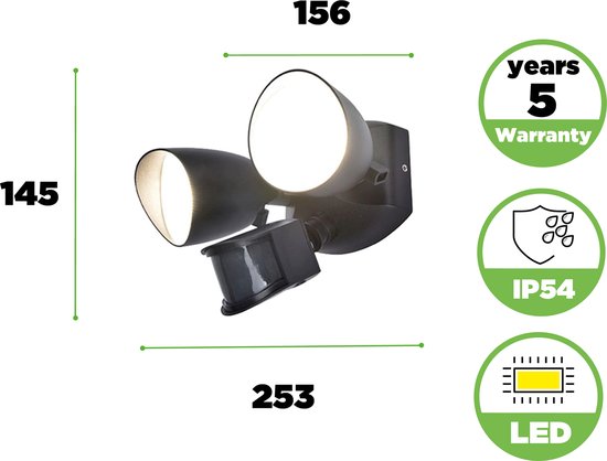 LUTEC Shrimp - Applique murale de sécurité LED pour l'extérieur - Détecteur de mouvement PIR - Capteur jour/nuit - Aluminium haut de gamme - À deux têtes - Éclairage puissant de 1 700 lm - Lumière blanche brillante de 4 000 K - Noir mat