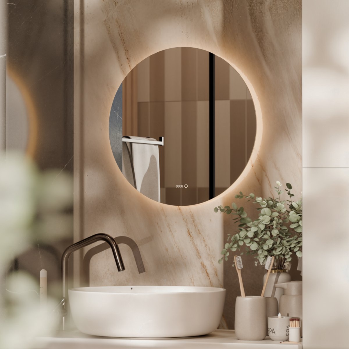Beloura Miroir de salle de bain avec éclairage - Miroir de salle de bain rond - Chauffage - Horloge - LED - 60 cm