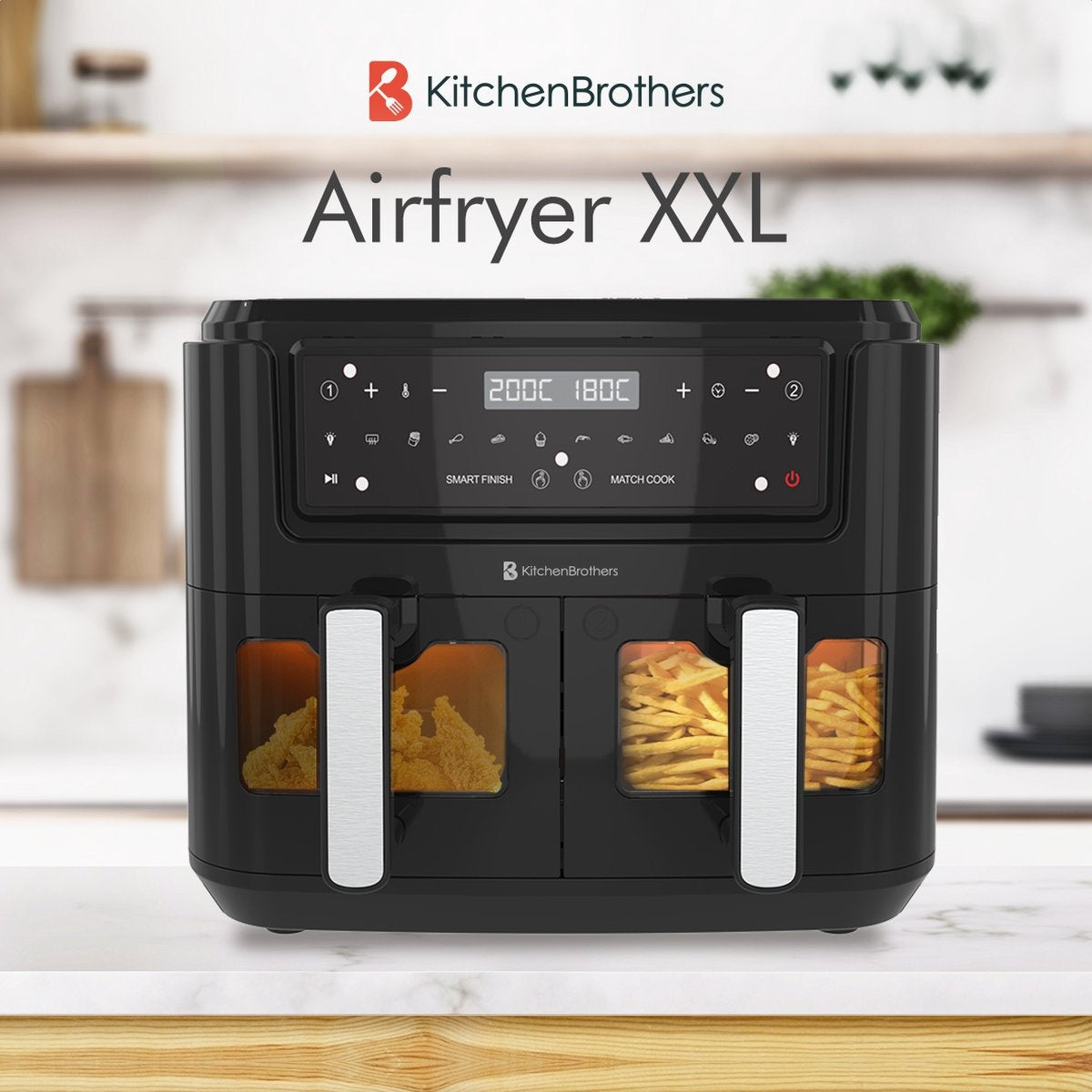 Double Airfryer XXL - KitchenBrothers - Friteuse - 2 x 4,5L - 2400W - Noir