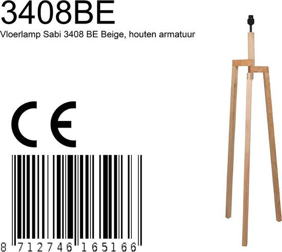 Lampadaire Sabi 3408BE - Lampe en bois sans abat-jour avec douille E27, hauteur 144 cm, réglable en hauteur - Mexlite