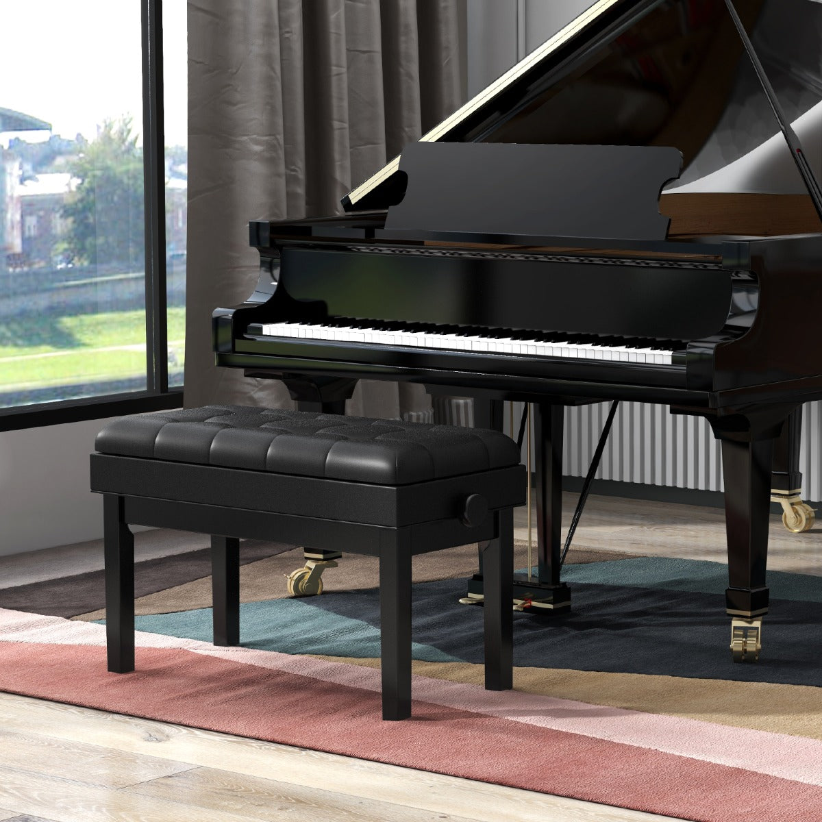 Banc réglable pour piano à queue avec rangement et coussin rembourré imperméable - 6 x 36 x 48-58 cm - Noir