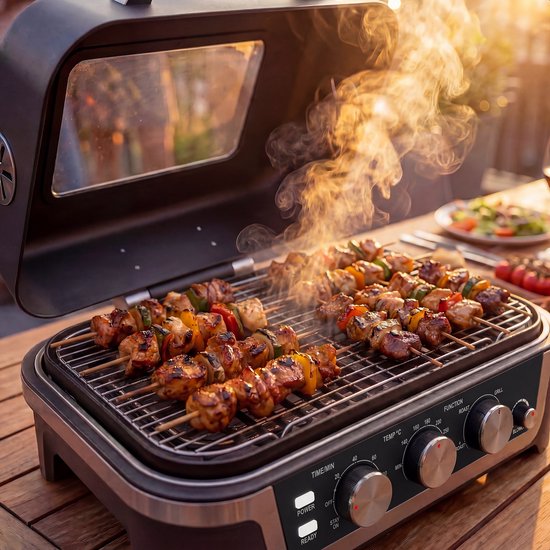 KitchenBrothers Barbecue électrique et fumoir - Modèle de table pour balcon - 90 °C à 250 °C - 2 600 W - Barbecue de table - Avec hublot