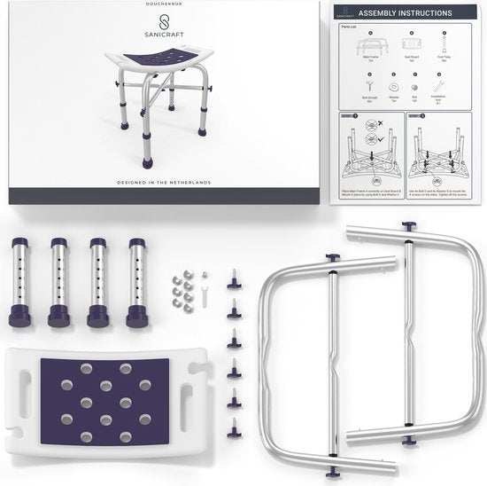 Sanicraft® Tabouret de douche - Tabouret de douche réglable avec siège - poignées, support de pommeau de douche et pieds antidérapants - inoxydable - capacité de charge de 120 kg
