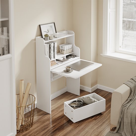 Table pliante murale SoBuy FWT105-II-W - Table pliante multifonctionnelle peu encombrante avec roulettes - Bureau pliant avec tiroir et étagères - Blanc