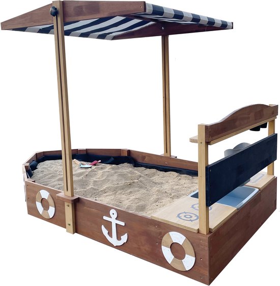 Bac à sable AXI Dora Boot avec cuisine ludique et toit (UV50) 160 x 100 cm Anthracite/marron – Avec tableau noir et espace de rangement - Toile de protection incluse - Garantie 10 ans !