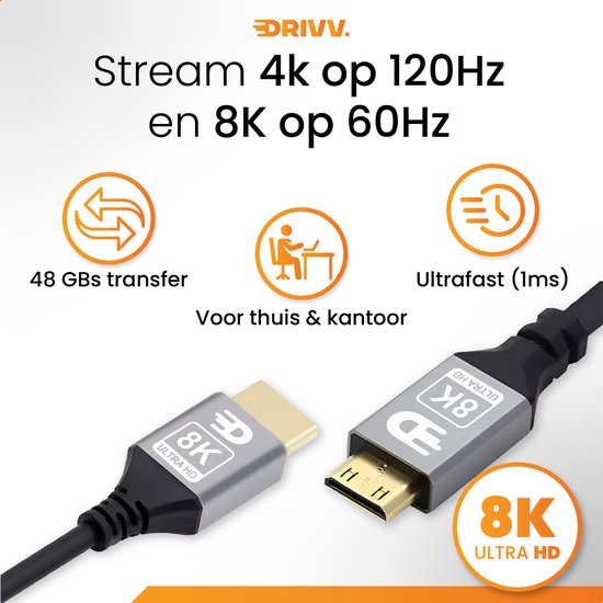 Drivv. Câble Premium Mini HDMI vers HDMI 2.1 - 8K 60Hz / 4K 120Hz Ultra HD - 2 mètres - Gris - Convient aux appareils photo, tablettes et ordinateurs portables