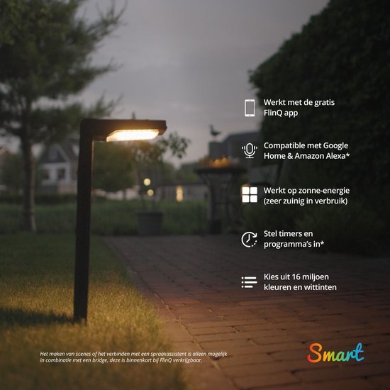 FlinQ Gaia - Lumière solaire intelligente pour le jardin - Lumière solaire pour le jardin - Puissance solaire - Lumière blanche et colorée - Détecteur de mouvement - Lot de 2 - Noir