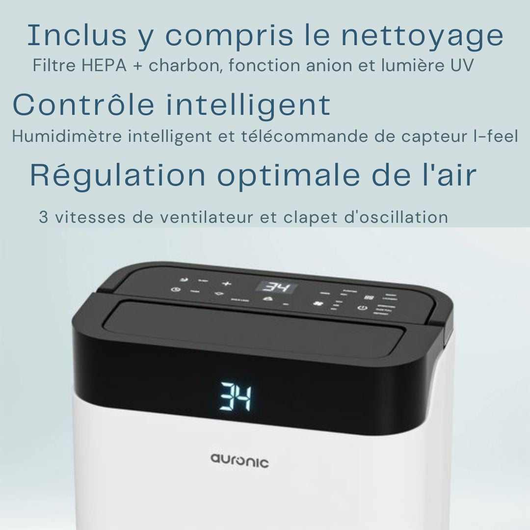 Déshumidificateur et purificateur d'air Auronic - Better Plus Series - Déshumidifie 12L par jour - Réservoir d'eau de 5L - Chambre à coucher, salle de bain, salon et bureau - Blanc