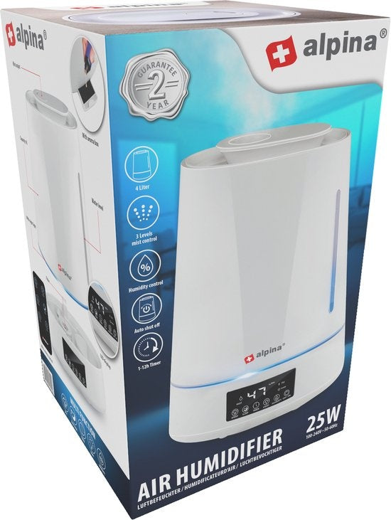 Humidificateur - Alpina - 4L - Diffuseur d'arômes avec minuterie - Télécommande - Blanc