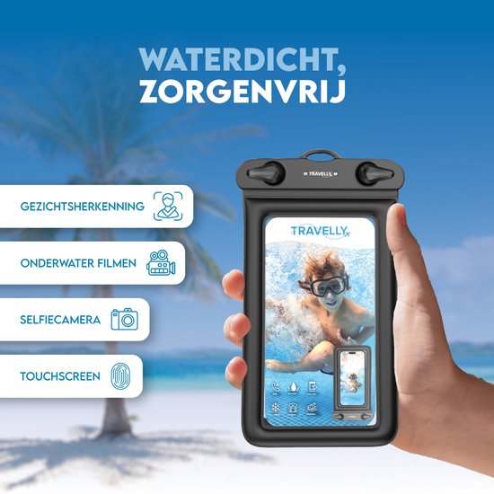 Travelly® Waterproof Phone Case Set of 2 - Universal Underwater Case for Smartphone - Convient à tous les téléphones - Drybag - Pour les vacances, la natation et les sports nautiques - Noir/Bleu