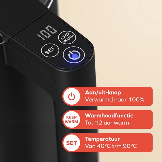 KitchenBrothers Bouilloire - 1,7L - Avec contrôle de la température - Électrique - Fonction maintien au chaud - Affichage - Double paroi - Cool-touch - 2200W - Noir