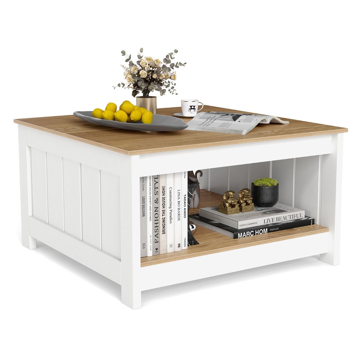 Lot de 2 tables basses Coast - 2 niveaux - avec espace de rangement - naturel et blanc