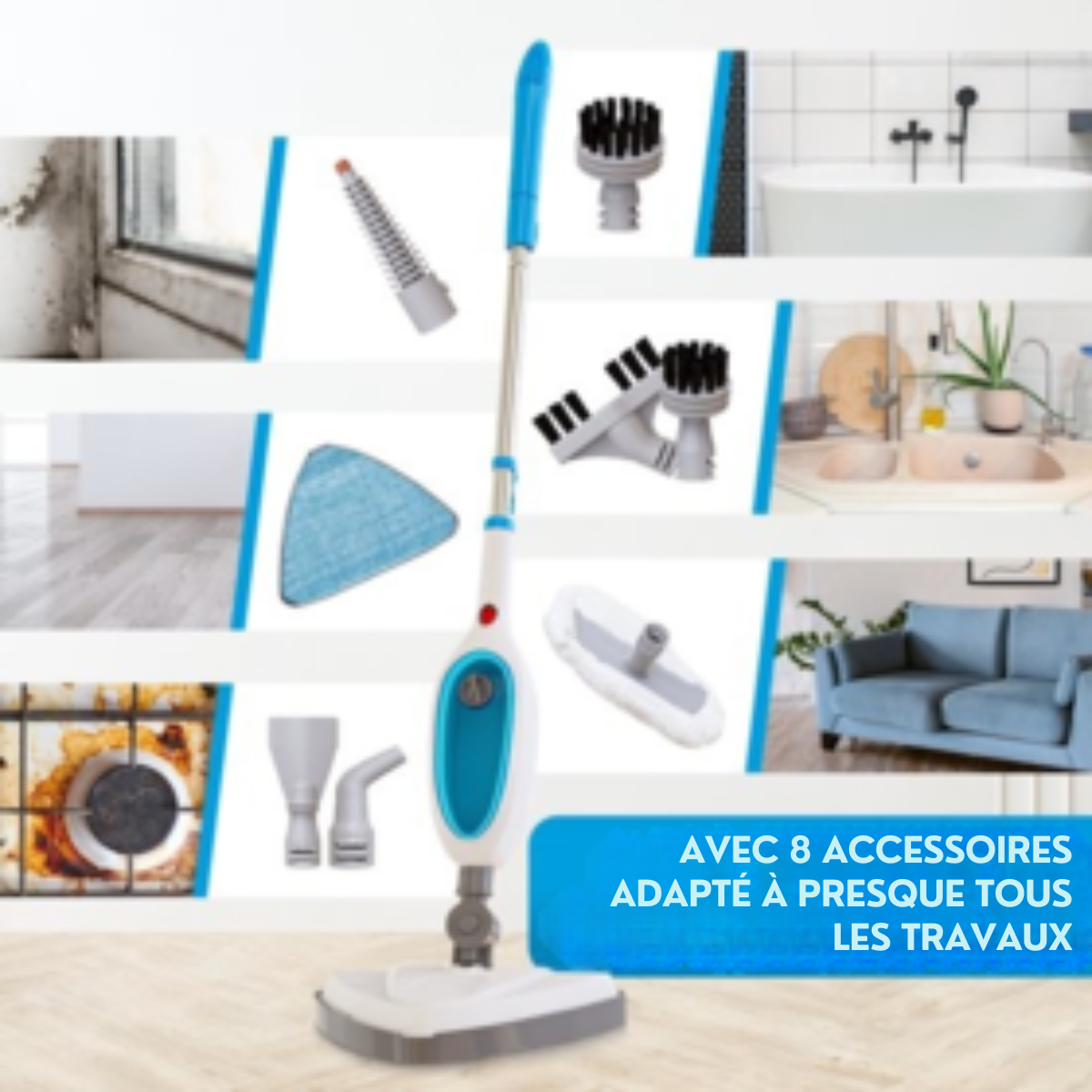 Strex Nettoyeur vapeur 12 en 1 et sèche-main – Appareil de nettoyage à la vapeur – Pour surfaces dures et textiles - Bleu et blanc