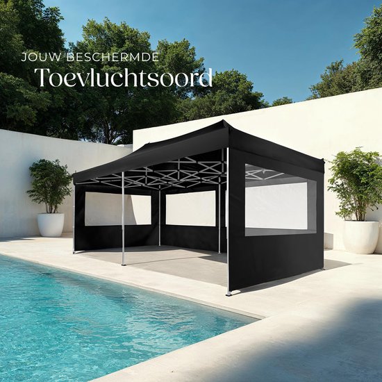 Pavillon pliable tectake® - Pliable et imperméable - Pavillon de jardin avec 4 panneaux latéraux - S'accompagne de piquets, de cordes de tension et d'un sac de rangement - Auvent de terrasse, tente de fête - 6 x 3 m - Noir