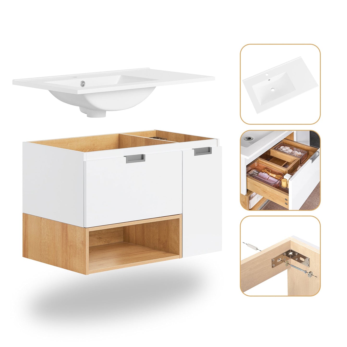 SoBuy BZR178-WN Meuble sous-lavabo - 80x54x46 cm - Blanc/Naturel - Meuble de salle de bains étroit